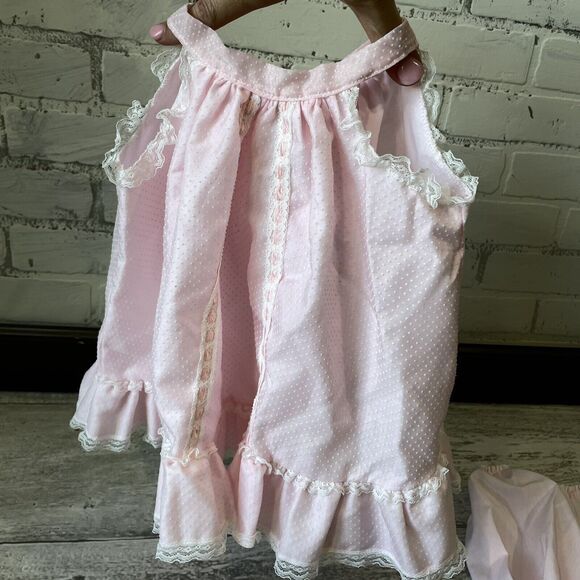 Baby Bliss Pink Dress Swiss Dot Ruffle Apron Tie Bloomers Set Sz XL 60’s Girl - Picture 9 of 9